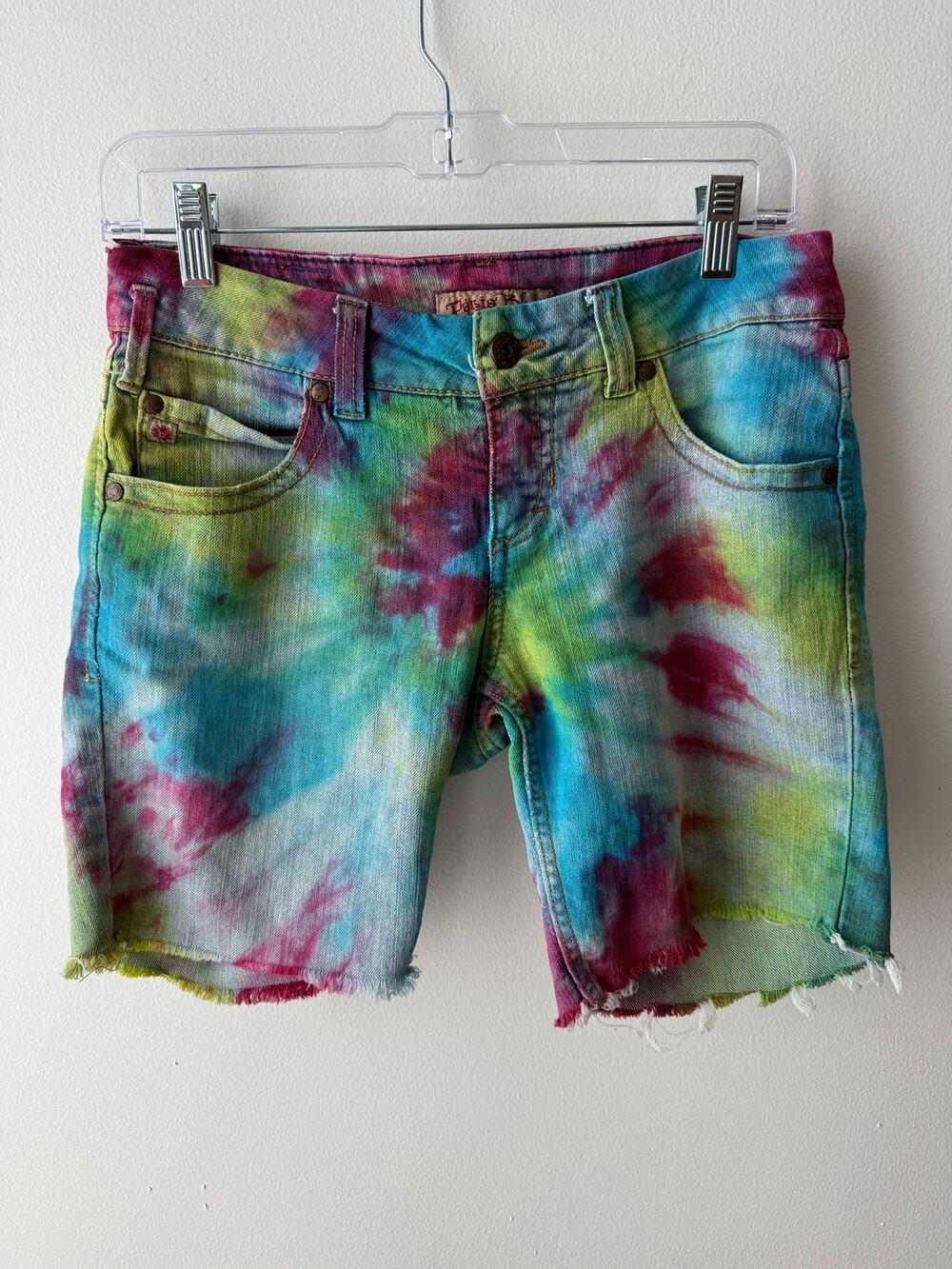Vtg Y2K Tie Dye Denim Shorts Low Rise Colorful Distressed Retro Jorts Womens 5